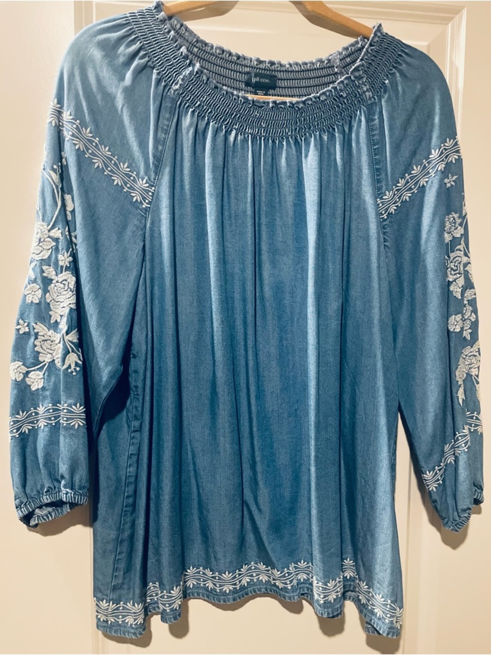 J. Jill Blue Denim Embroidered Peasant Tunic